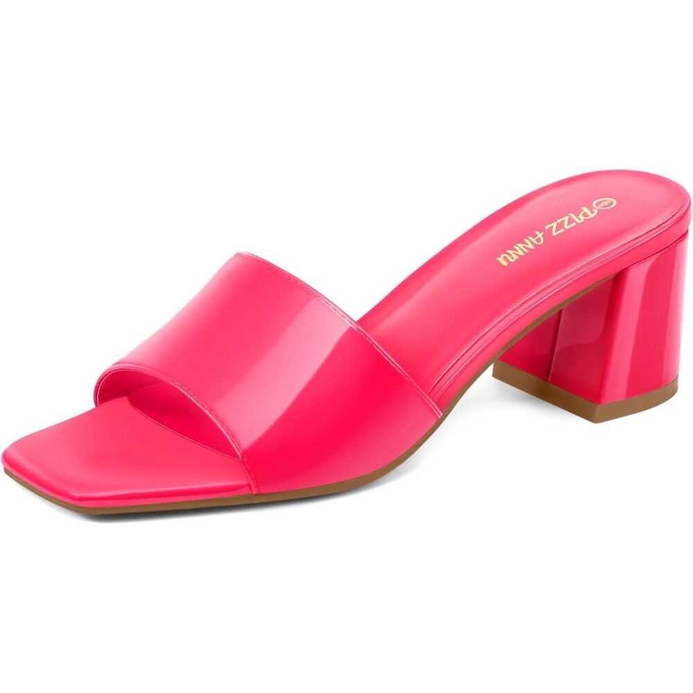 🆕Women Hot Pink Pattent Square Open Toe Heels Sandals Low Block Chunky Sandal